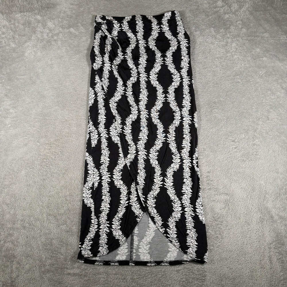 Lexbreezy Hawaii Skirt Womens XS‎ Black White Floral Wrap Midi Stretch Tropical
